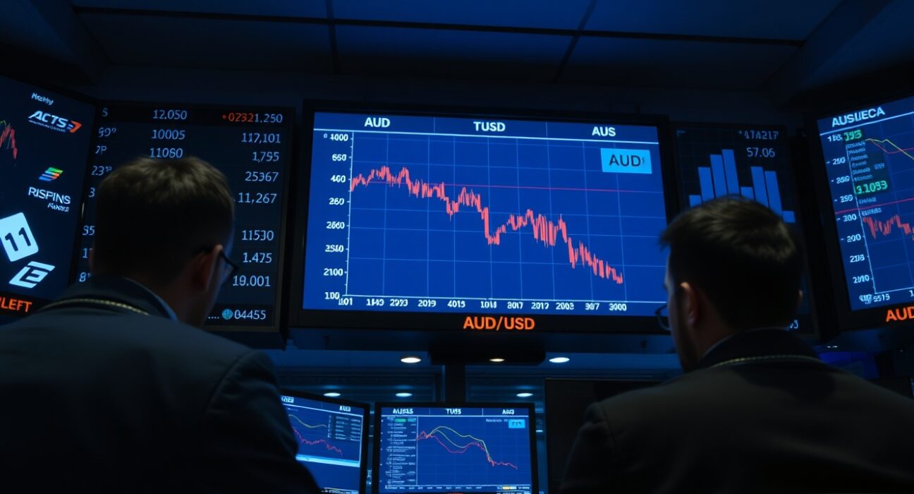 Trading desk screens showing AUD/USD exchange rate decline amid geopolitical tensions