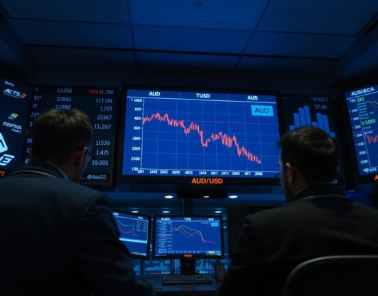 Trading desk screens showing AUD/USD exchange rate decline amid geopolitical tensions