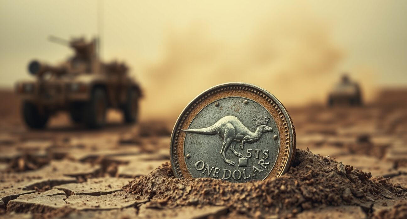 Australian Dollar softens as Middle East tensions escalate, shown by a coin on cracked earth with a blurred military convoy in the background.