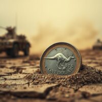 Australian Dollar softens as Middle East tensions escalate, shown by a coin on cracked earth with a blurred military convoy in the background.
