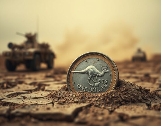 Australian Dollar softens as Middle East tensions escalate, shown by a coin on cracked earth with a blurred military convoy in the background.