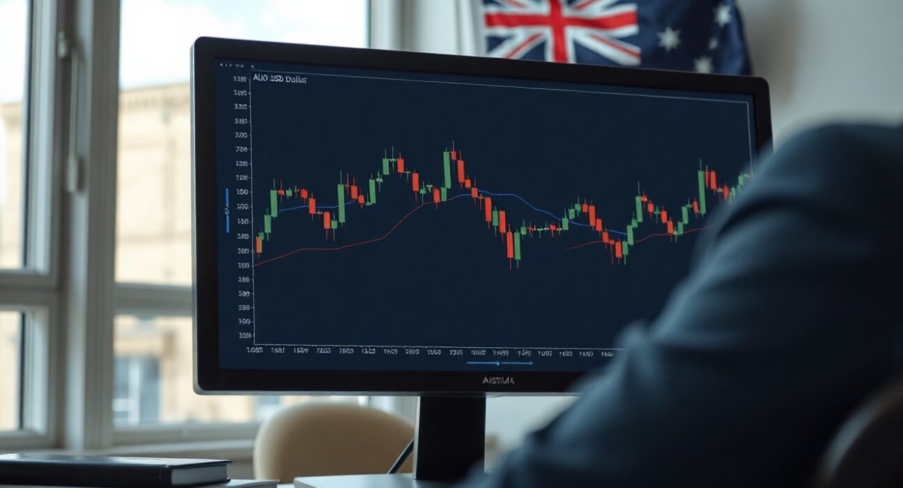 Financial analyst desk with computer showing AUD/USD chart and Australian flag in background