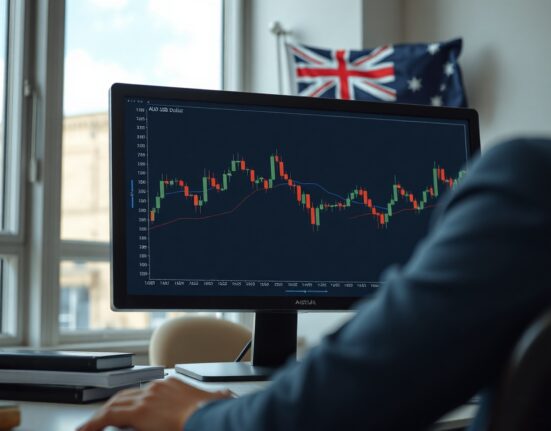 Financial analyst desk with computer showing AUD/USD chart and Australian flag in background