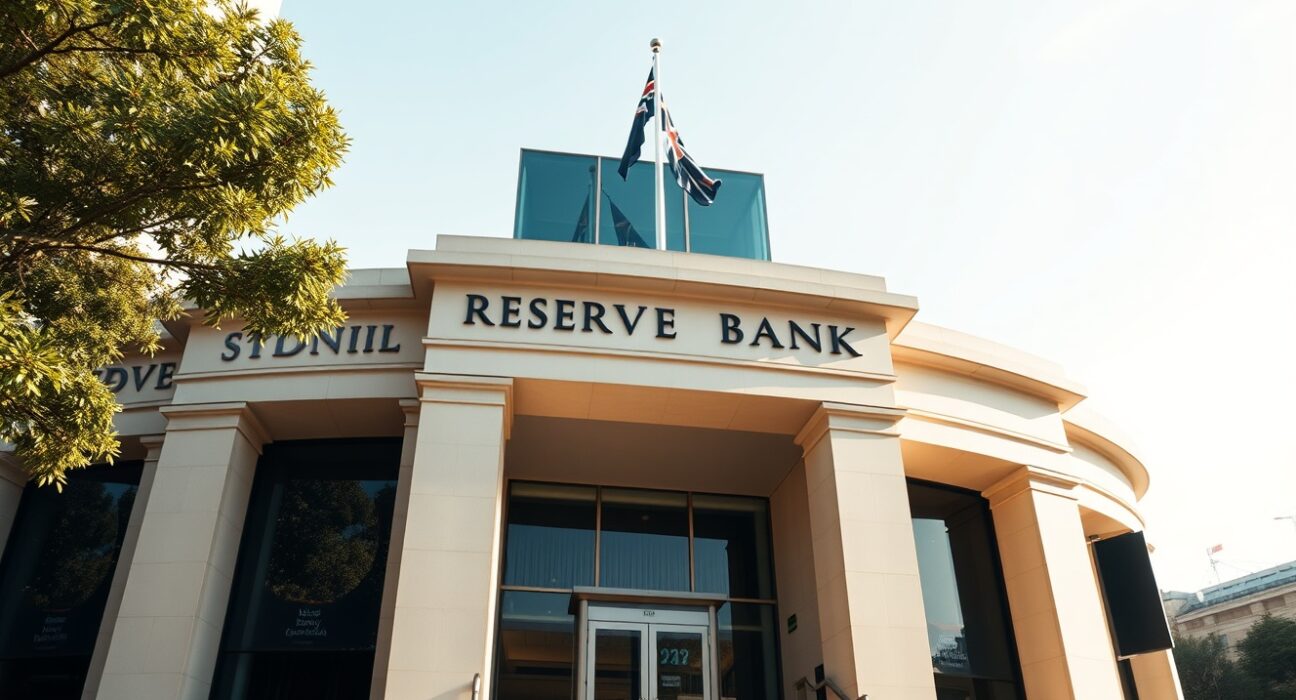 Reserve Bank of Australia building in Sydney on a clear day, representing monetary policy and currency markets.