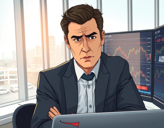 Financial analyst monitoring Australian Dollar exchange rates following RBA stagflation warning