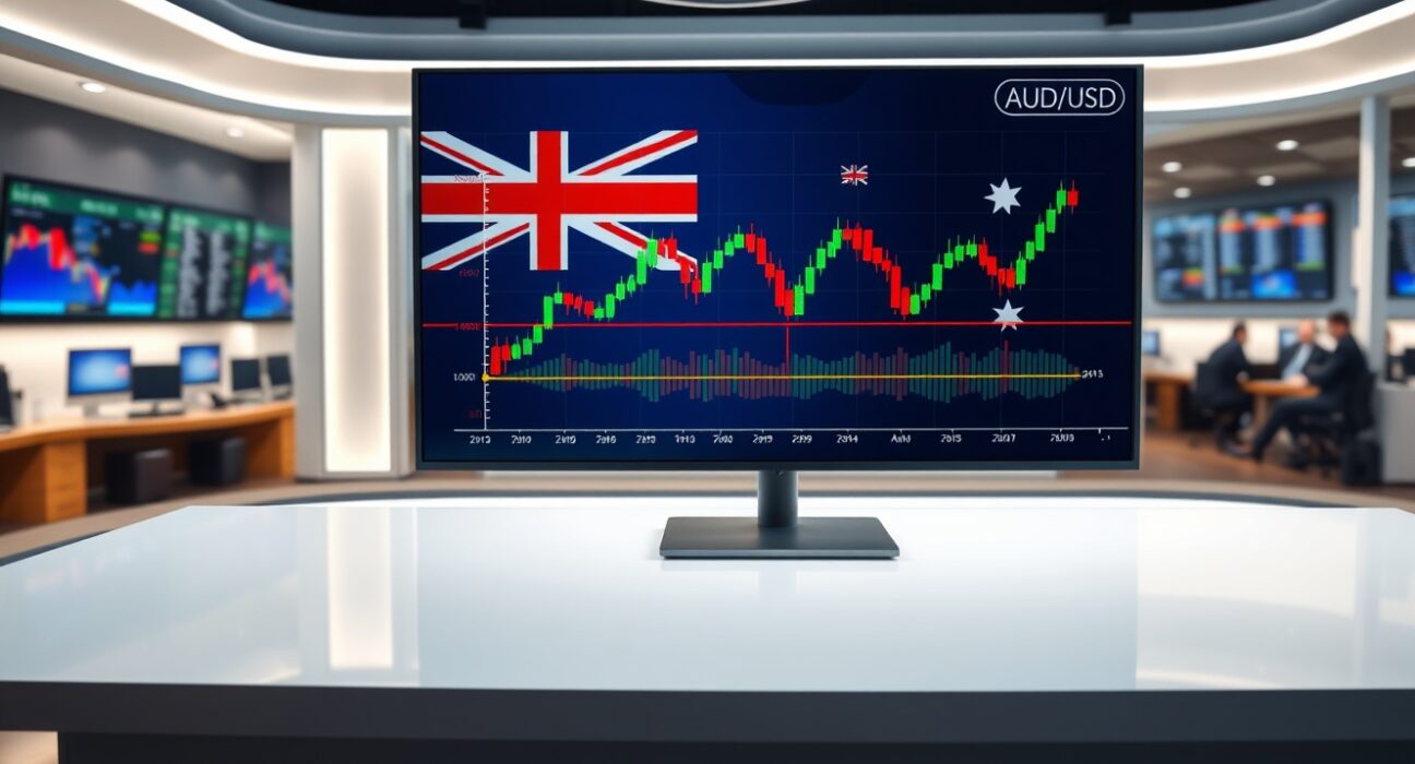 AUD/USD forex trading chart displayed on a screen in a financial news studio