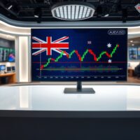 AUD/USD forex trading chart displayed on a screen in a financial news studio