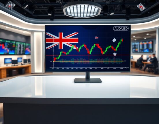 AUD/USD forex trading chart displayed on a screen in a financial news studio
