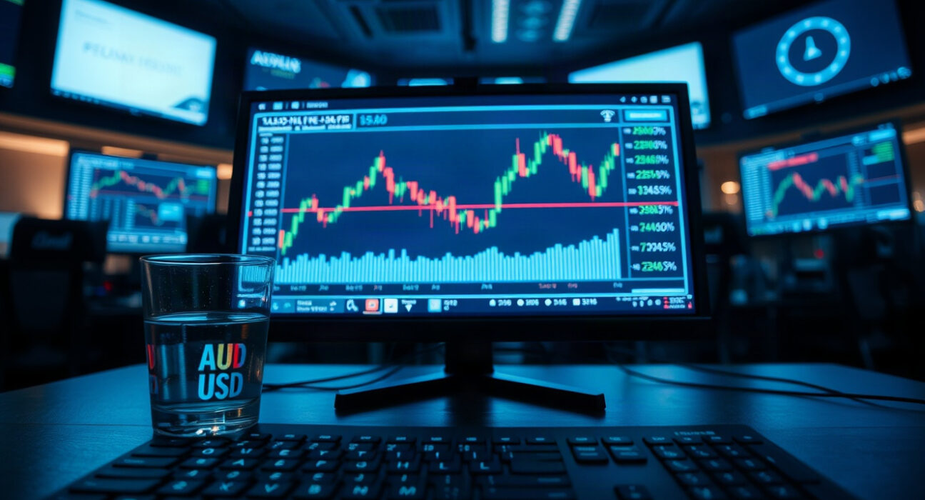 AUD/USD currency chart displayed on a trading screen in a professional financial setting.
