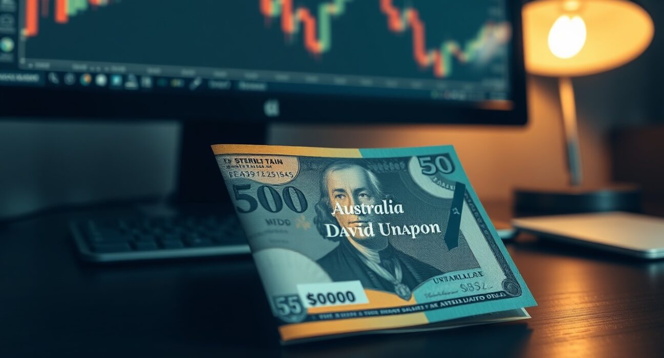 Australian dollar banknote and US dollar bill on desk with financial chart in background