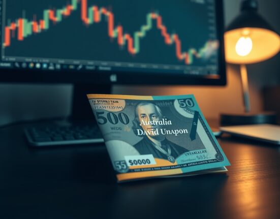 Australian dollar banknote and US dollar bill on desk with financial chart in background