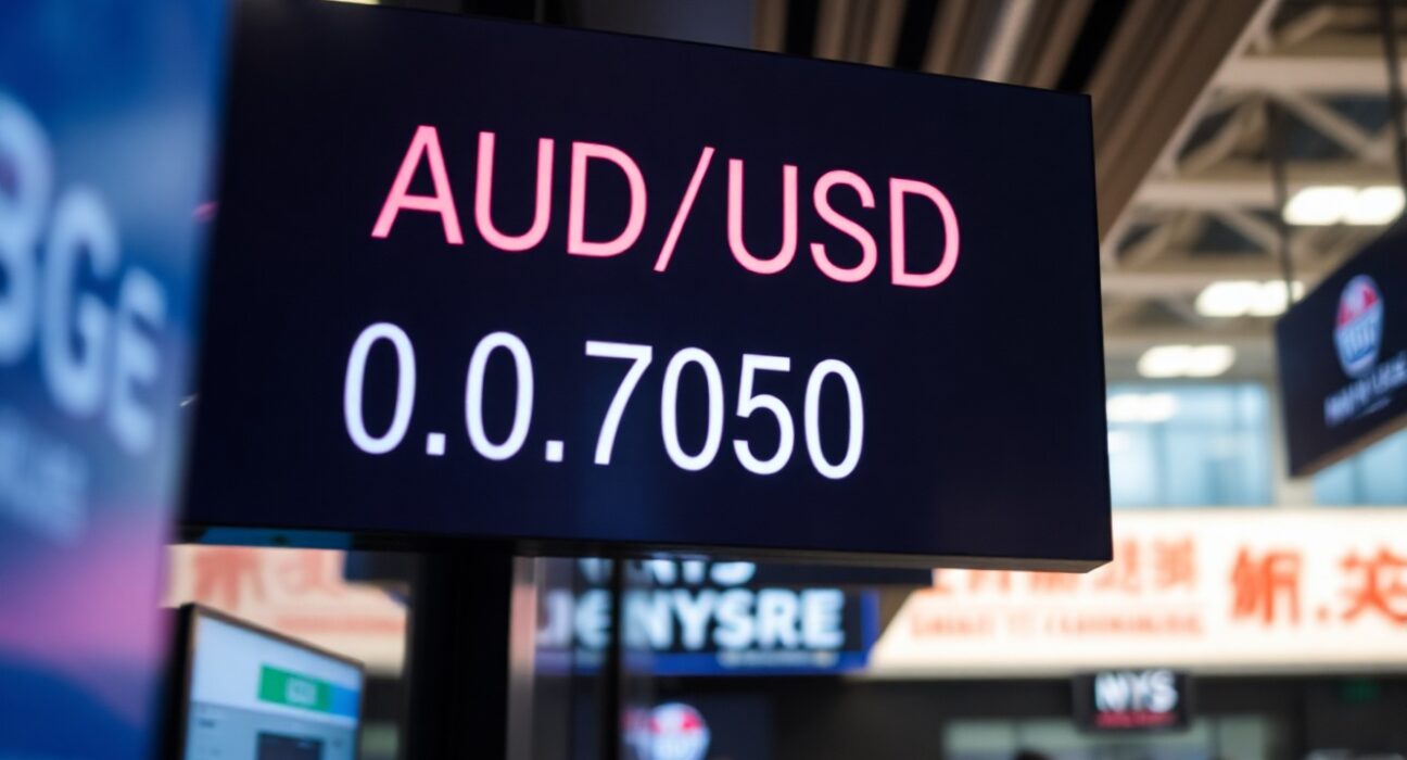 AUD/USD exchange rate display showing 0.7050 on a trading screen
