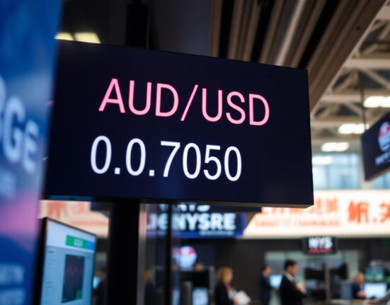 AUD/USD exchange rate display showing 0.7050 on a trading screen