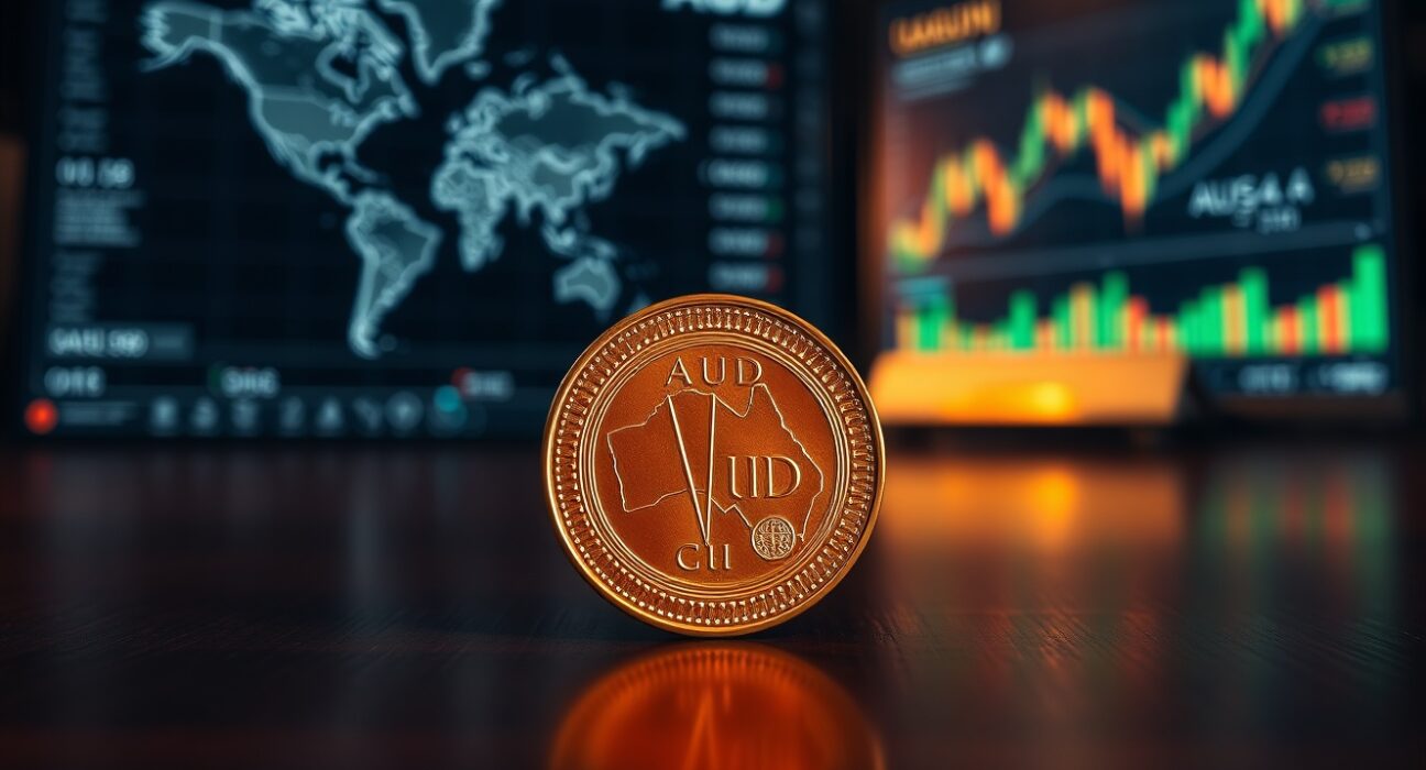 Australian dollar coin on a dark surface with financial charts in the background