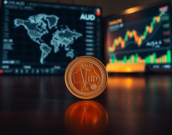 Australian dollar coin on a dark surface with financial charts in the background