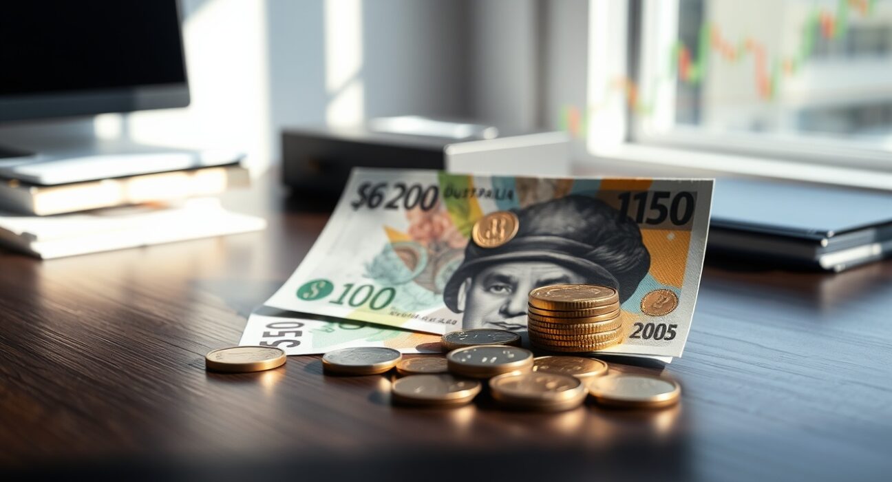 Australian Dollar banknotes and coins on a desk with a financial chart in the background