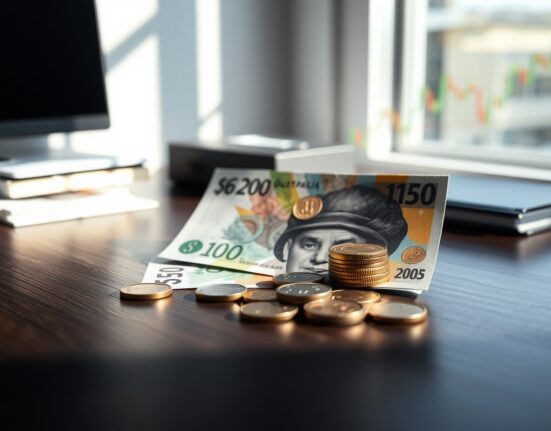 Australian Dollar banknotes and coins on a desk with a financial chart in the background