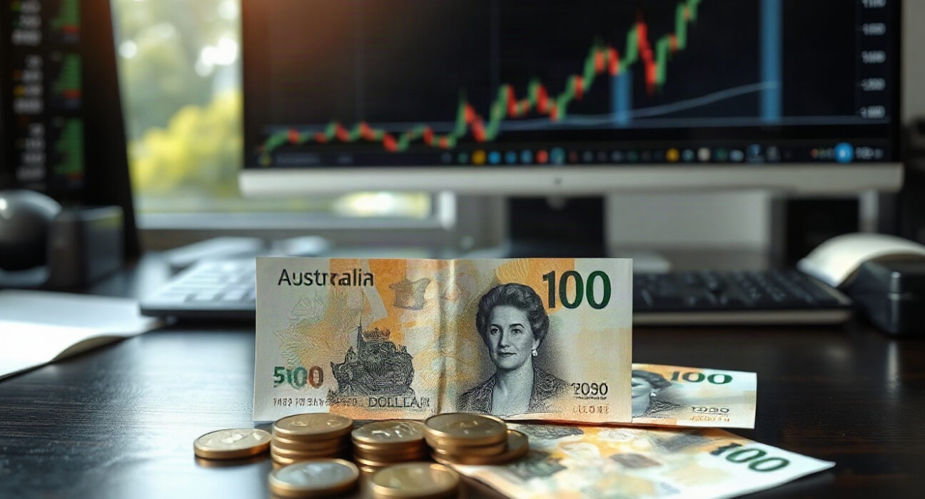 Australian Dollar banknotes and coins on a desk with a financial chart in the background