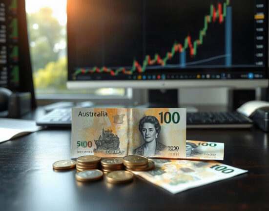Australian Dollar banknotes and coins on a desk with a financial chart in the background