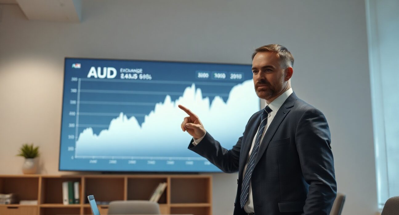 Financial analyst reviewing Australian Dollar and Trade Balance data on a digital screen.