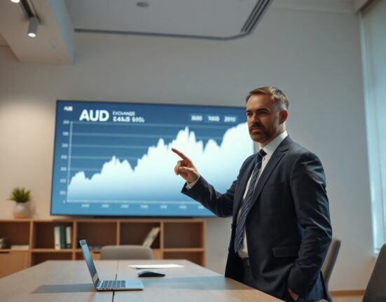 Financial analyst reviewing Australian Dollar and Trade Balance data on a digital screen.