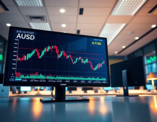 AUD/USD trading chart displayed on a screen in a financial trading desk environment, showing price near 0.7150.