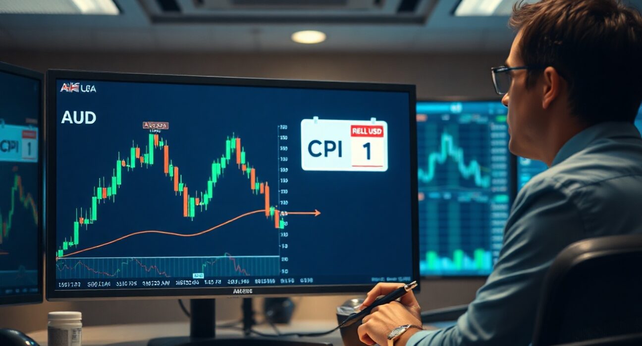 Financial analyst monitoring Australian Dollar chart and CPI data on a trading screen.