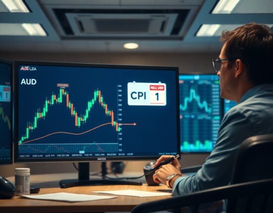 Financial analyst monitoring Australian Dollar chart and CPI data on a trading screen.