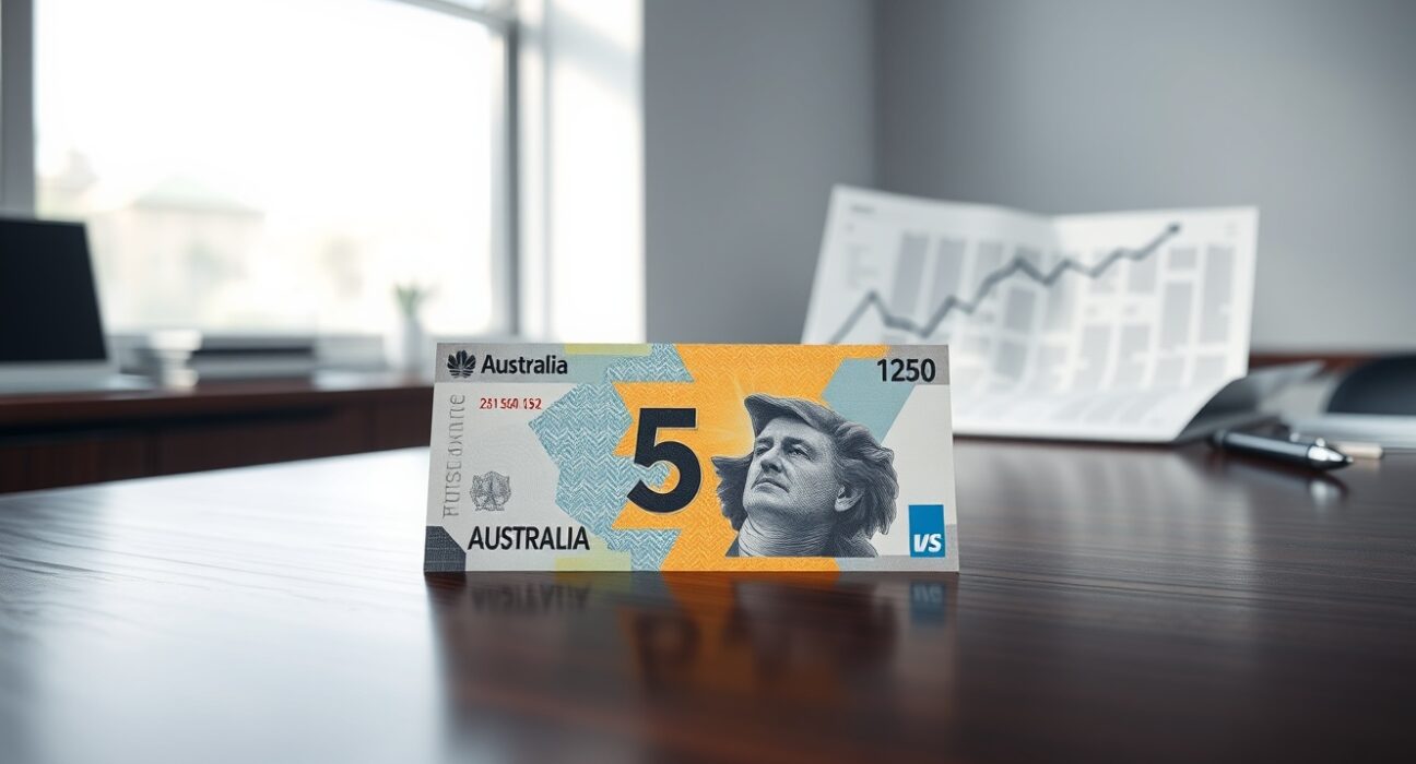 Australian five-dollar note on a desk with a financial graph, representing AUD/USD stability before budget release.