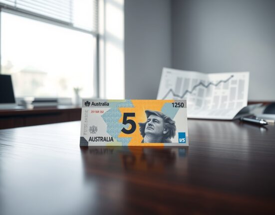 Australian five-dollar note on a desk with a financial graph, representing AUD/USD stability before budget release.