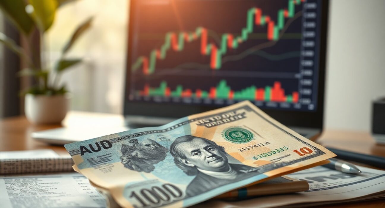 Australian and US dollar banknotes on a trading desk with a financial chart in the background