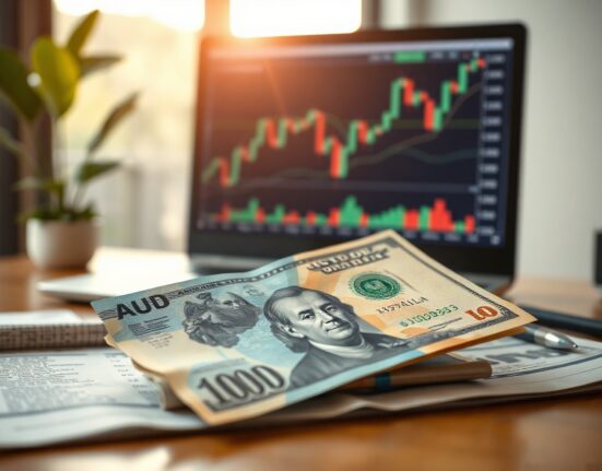 Australian and US dollar banknotes on a trading desk with a financial chart in the background