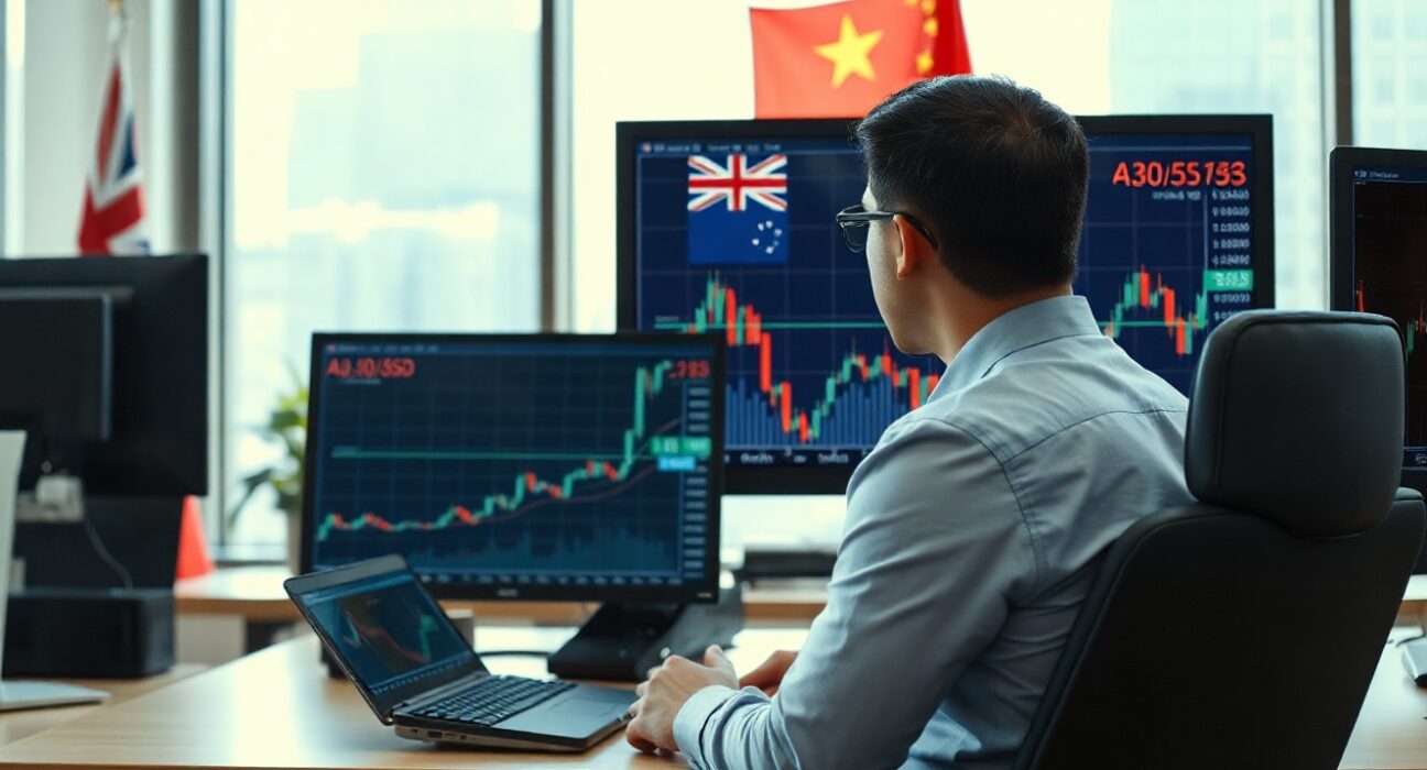 Professional forex trader monitors AUD/USD chart in calm trading environment