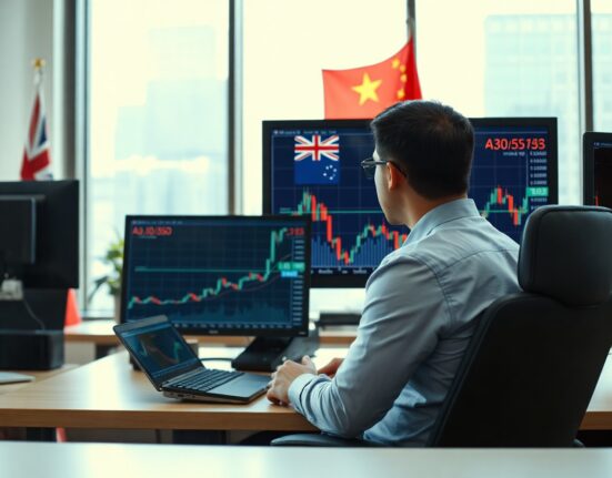Professional forex trader monitors AUD/USD chart in calm trading environment