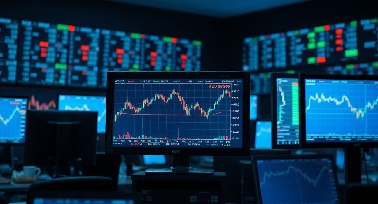AUD/USD forex trading chart on a monitor in a professional trading environment