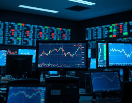 AUD/USD forex trading chart on a monitor in a professional trading environment