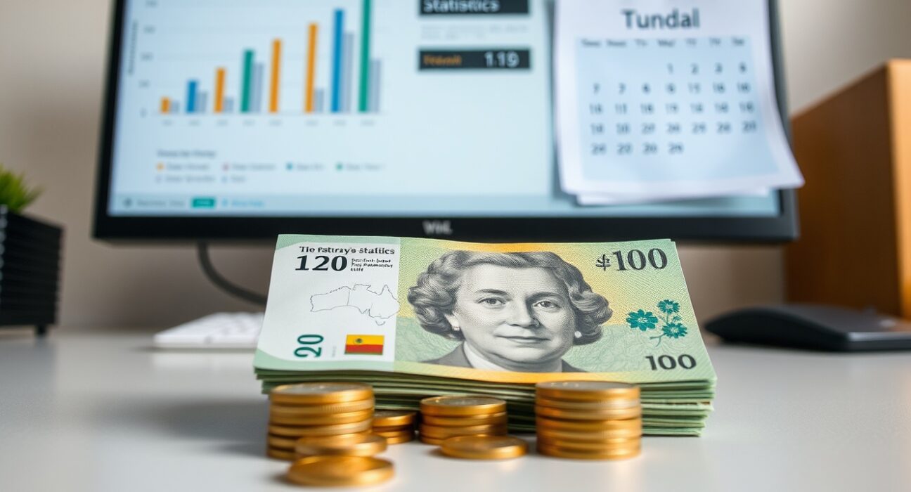 Australian dollar banknotes and coins on a desk with an employment chart on a monitor in the background