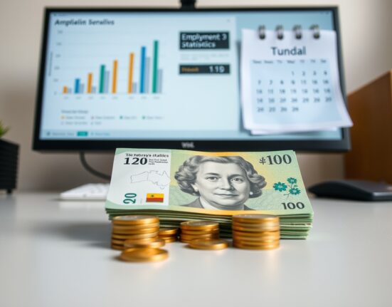 Australian dollar banknotes and coins on a desk with an employment chart on a monitor in the background