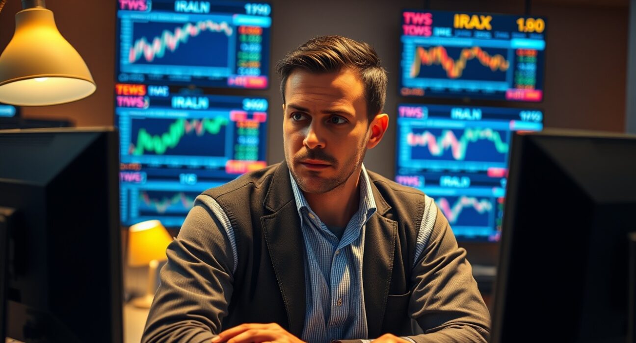Forex trader monitoring AUD/USD charts amid geopolitical tensions and US jobs data anticipation