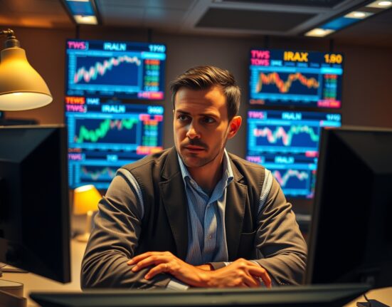 Forex trader monitoring AUD/USD charts amid geopolitical tensions and US jobs data anticipation