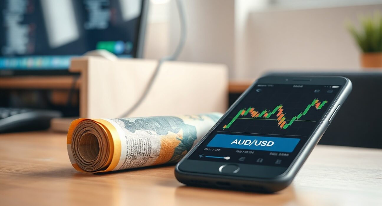 Australian dollar banknote and smartphone showing AUD/USD chart on desk