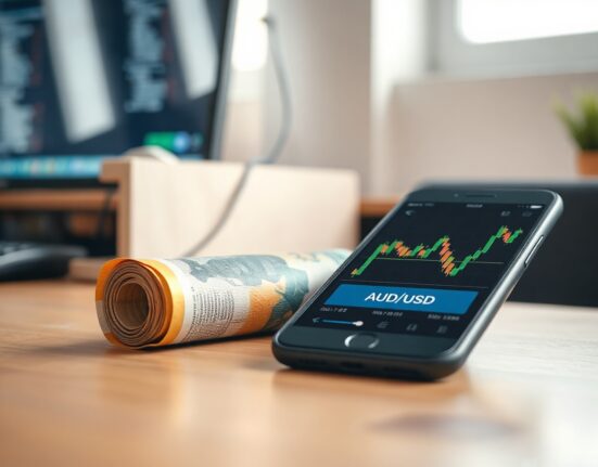 Australian dollar banknote and smartphone showing AUD/USD chart on desk