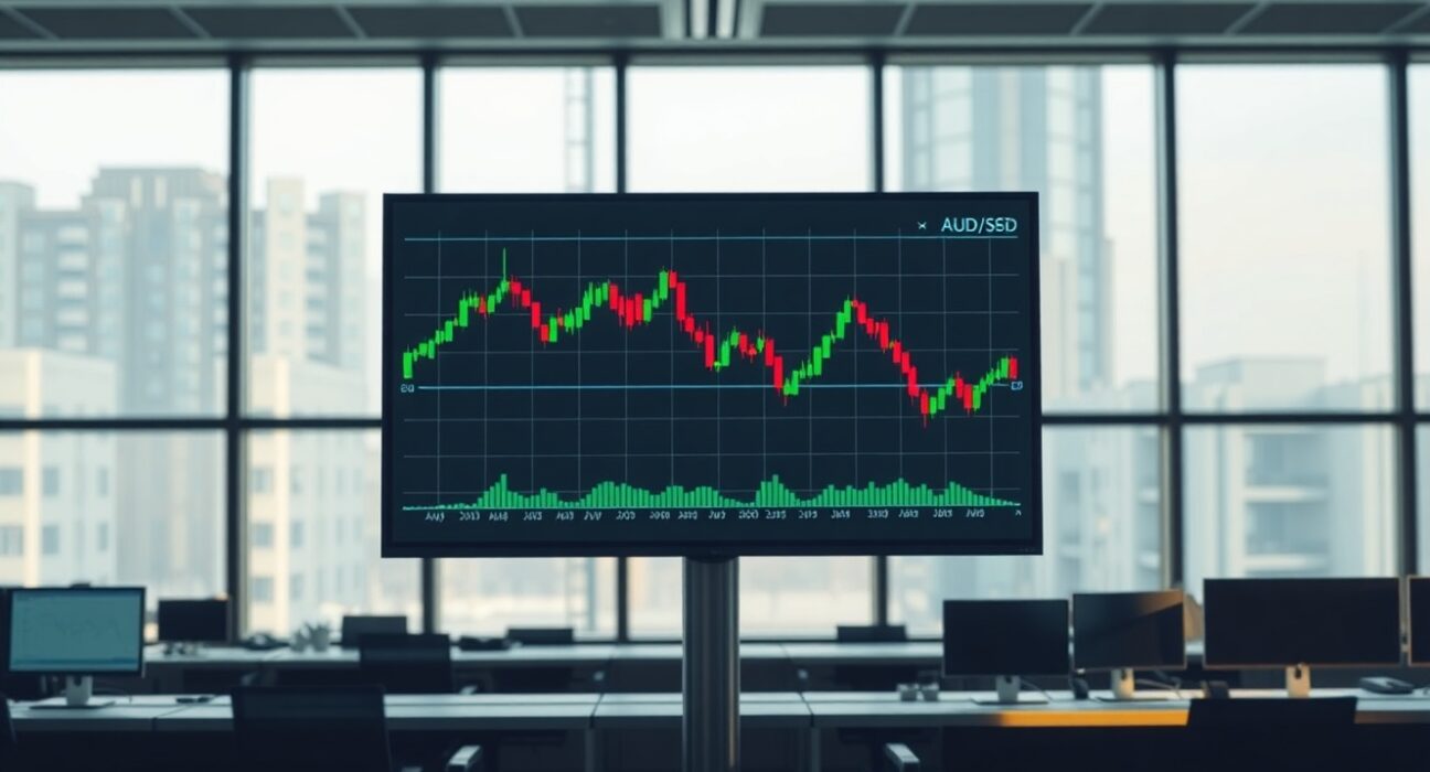 AUD/USD forex chart on a digital screen showing sideways movement after Australian inflation data release.