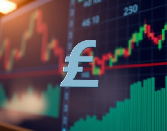 Australian Dollar symbol in focus with a blurred financial chart background