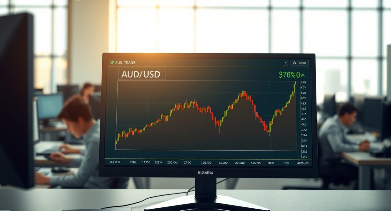 Australian Dollar currency chart analysis during Trump Iran deadline anticipation on trading desk monitor