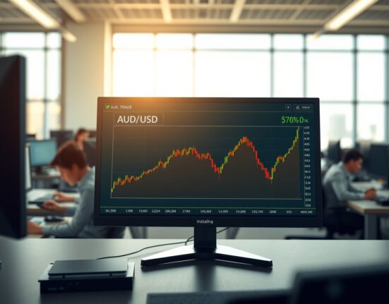 Australian Dollar currency chart analysis during Trump Iran deadline anticipation on trading desk monitor