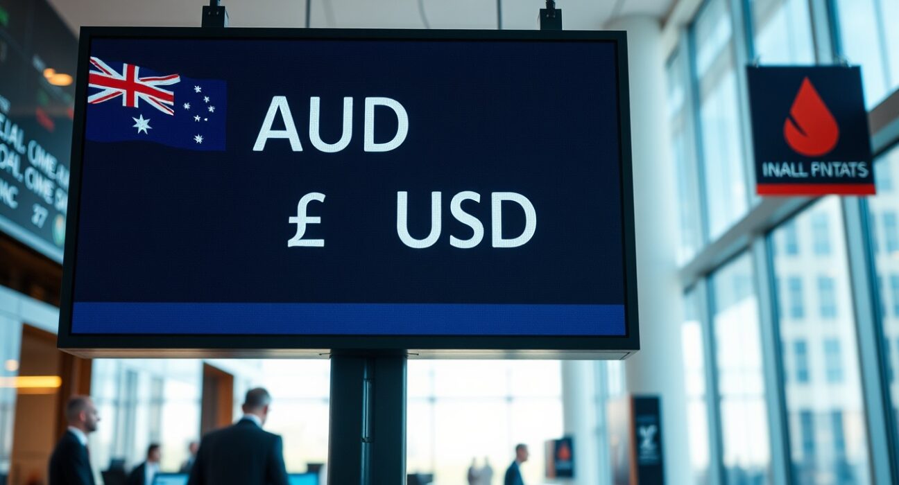 Digital currency exchange board showing Australian Dollar and US Dollar symbols in a modern financial district trading floor