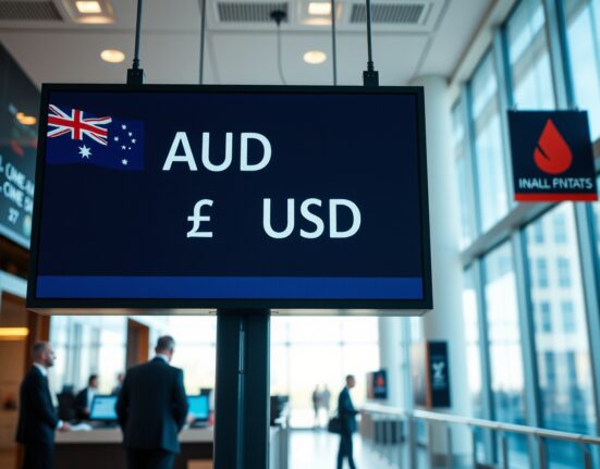 Digital currency exchange board showing Australian Dollar and US Dollar symbols in a modern financial district trading floor