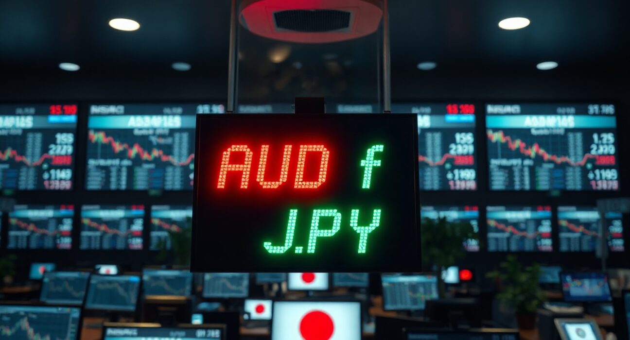 AUD/USD and JPY currency pair prices displayed on a digital trading board in a dark financial office.