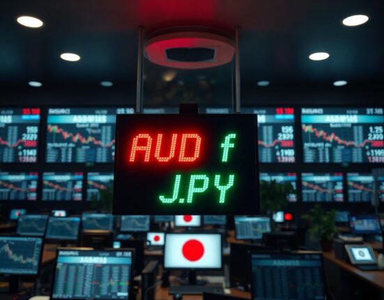 AUD/USD and JPY currency pair prices displayed on a digital trading board in a dark financial office.